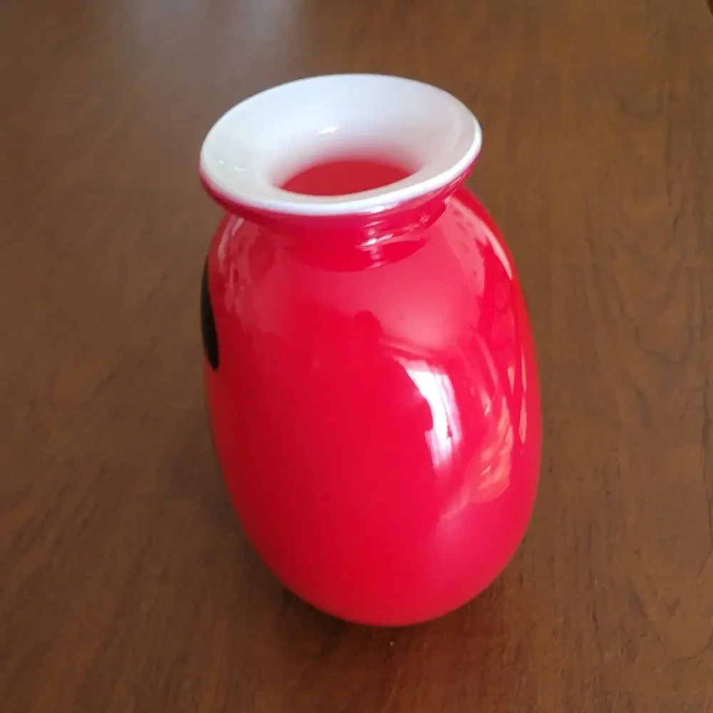 Vintage Tango Glass Vase Red White Cased Art Glass Black Swirl Hand Blown 9